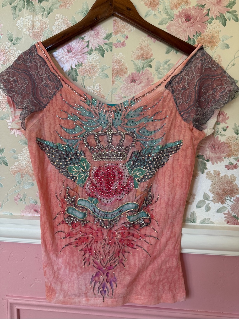 Vintage 2k real Swarovski Embellished Coral Tee with Lace Sleeves